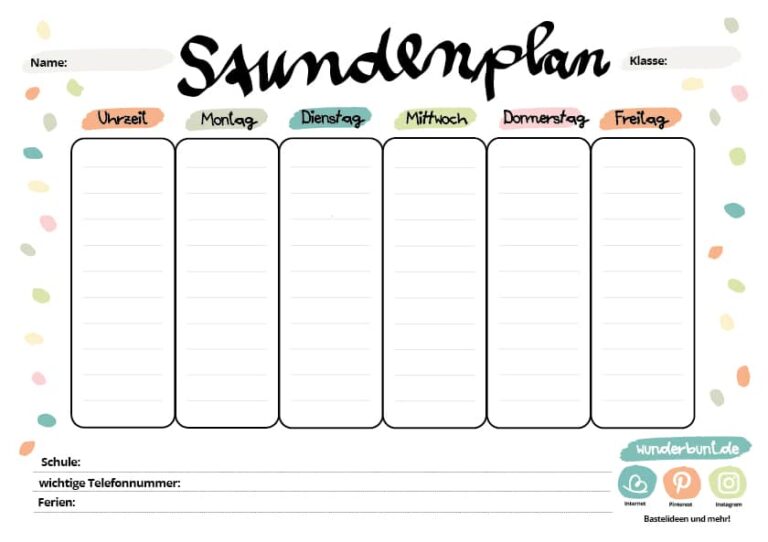 Blanko PDF Stundenplan zum Ausdrucken - Wunderbunt.de