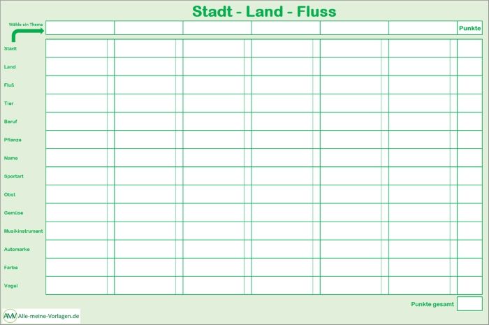 Stadt Land Fluss Vorlage - Beliebtes Spiel für Jung und Alt - Alle