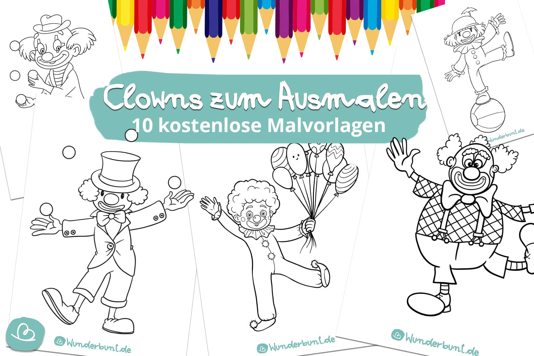 Clowns zum Ausmalen | 10 Malvorlagen - Wunderbunt.de