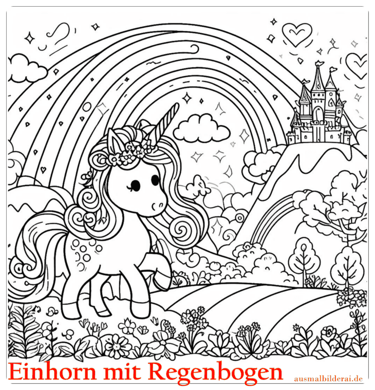 Einhorn mit Regenbogen Ausmalbild 01 by ausmalbilderai.de