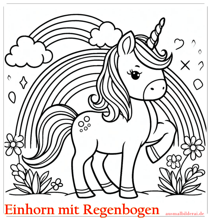 Einhorn mit Regenbogen Ausmalbild 02 by ausmalbilderai.de