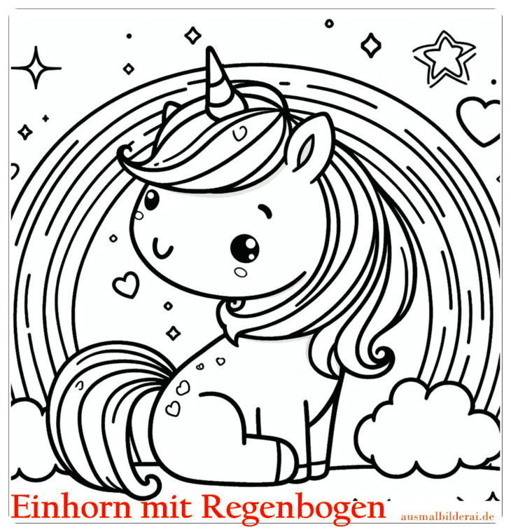 Einhorn mit Regenbogen Ausmalbild 03 by ausmalbilderai.de