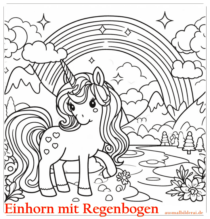 Einhorn mit Regenbogen Ausmalbild 04 by ausmalbilderai.de