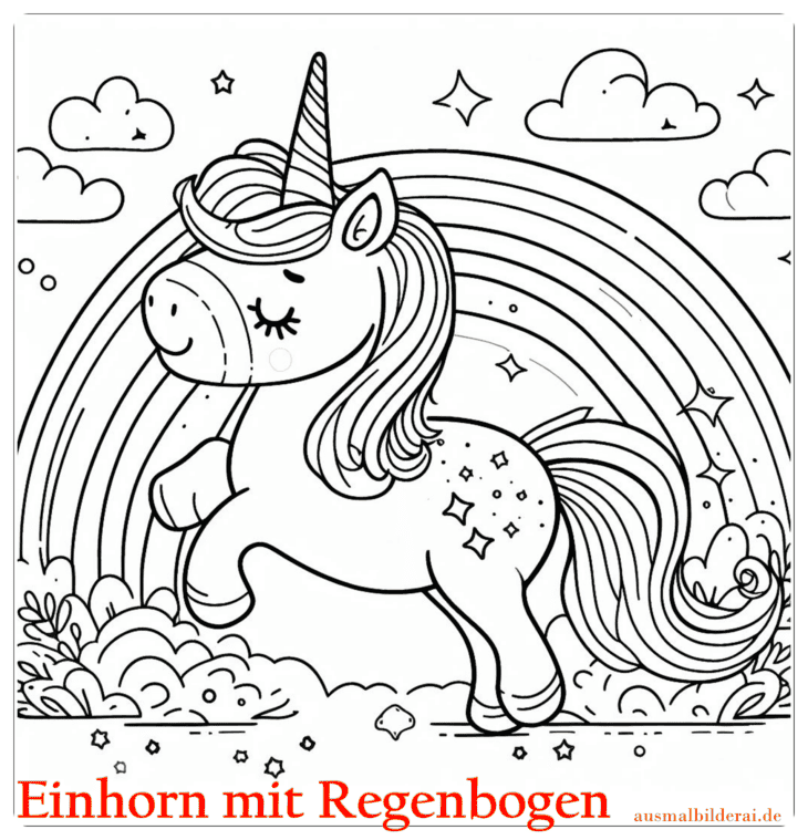 Einhorn mit Regenbogen Ausmalbild 05 by ausmalbilderai.de