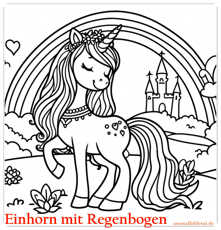 Einhorn mit Regenbogen Ausmalbild 06 by ausmalbilderai.de