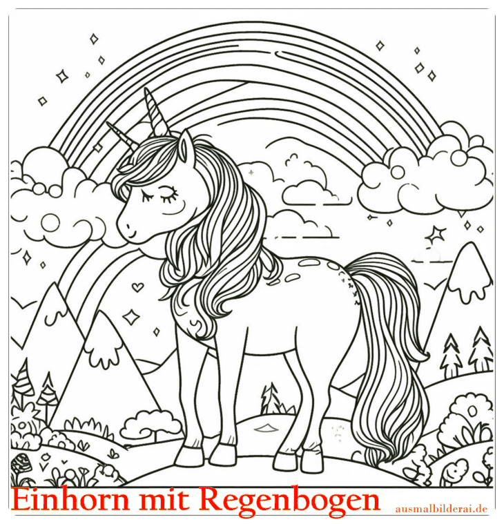 Einhorn mit Regenbogen Ausmalbild 07 by ausmalbilderai.de