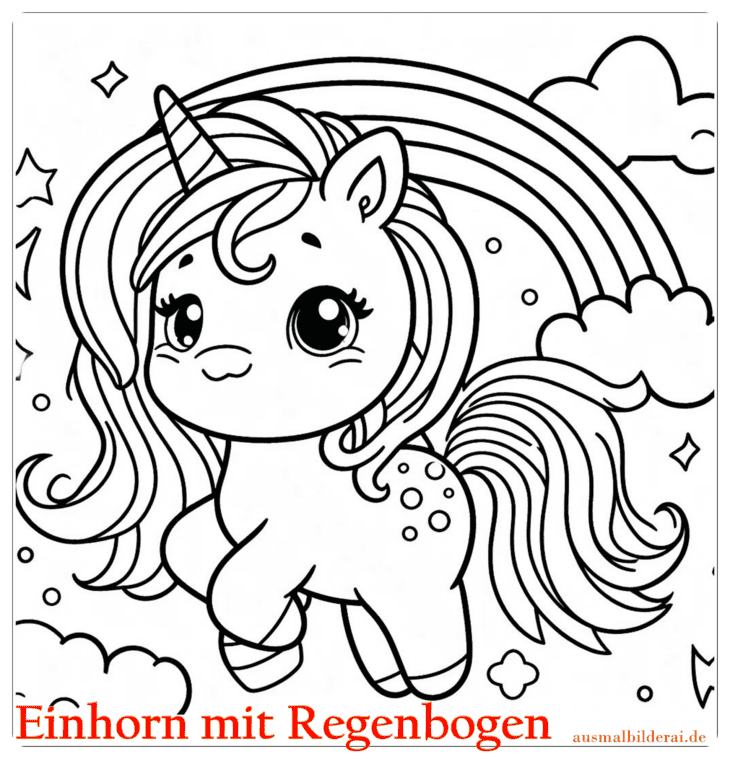 Einhorn mit Regenbogen Ausmalbild 09 by ausmalbilderai.de