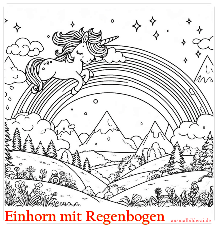 Einhorn mit Regenbogen Ausmalbild 10 by ausmalbilderai.de