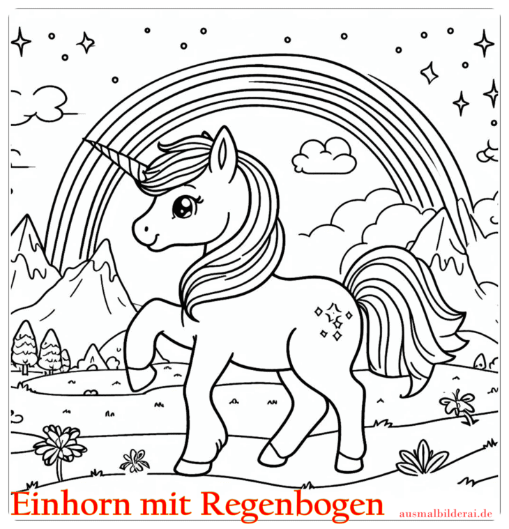 Einhorn mit Regenbogen Ausmalbild 11 by ausmalbilderai.de