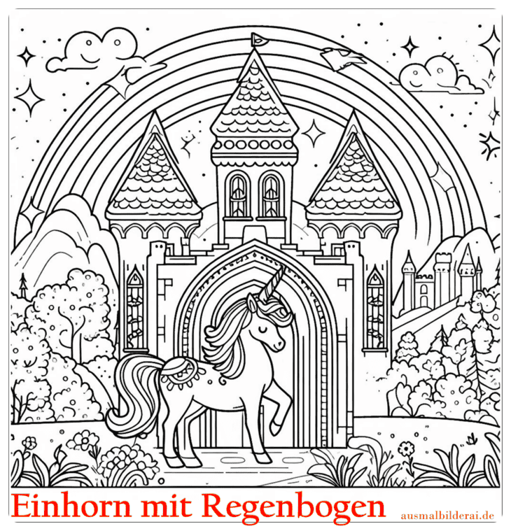 Einhorn mit Regenbogen Ausmalbild 15 by ausmalbilderai.de