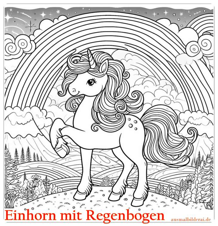 Einhorn mit Regenbogen Ausmalbild 21 by ausmalbilderai.de