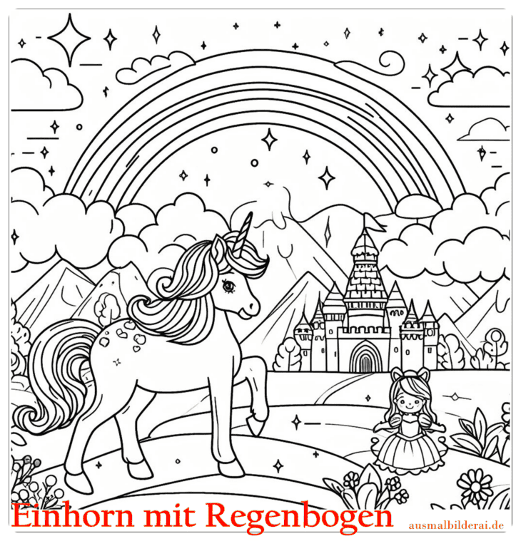 Einhorn mit Regenbogen Ausmalbild 22 by ausmalbilderai.de