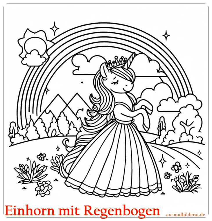 Einhorn mit Regenbogen Ausmalbild 24 by ausmalbilderai.de