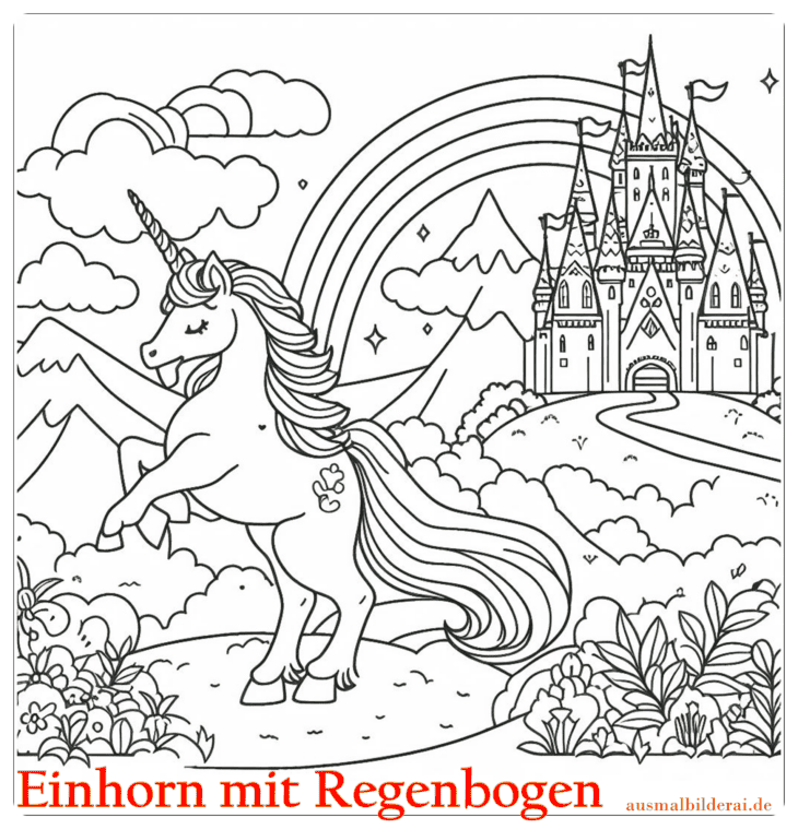 Einhorn mit Regenbogen Ausmalbild 27 by ausmalbilderai.de