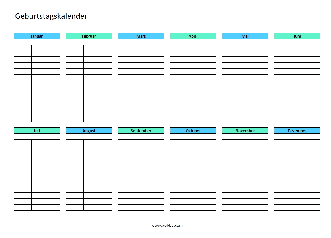 Geburtstagskalender zum Ausdrucken | PDF+Excel | Vorlage