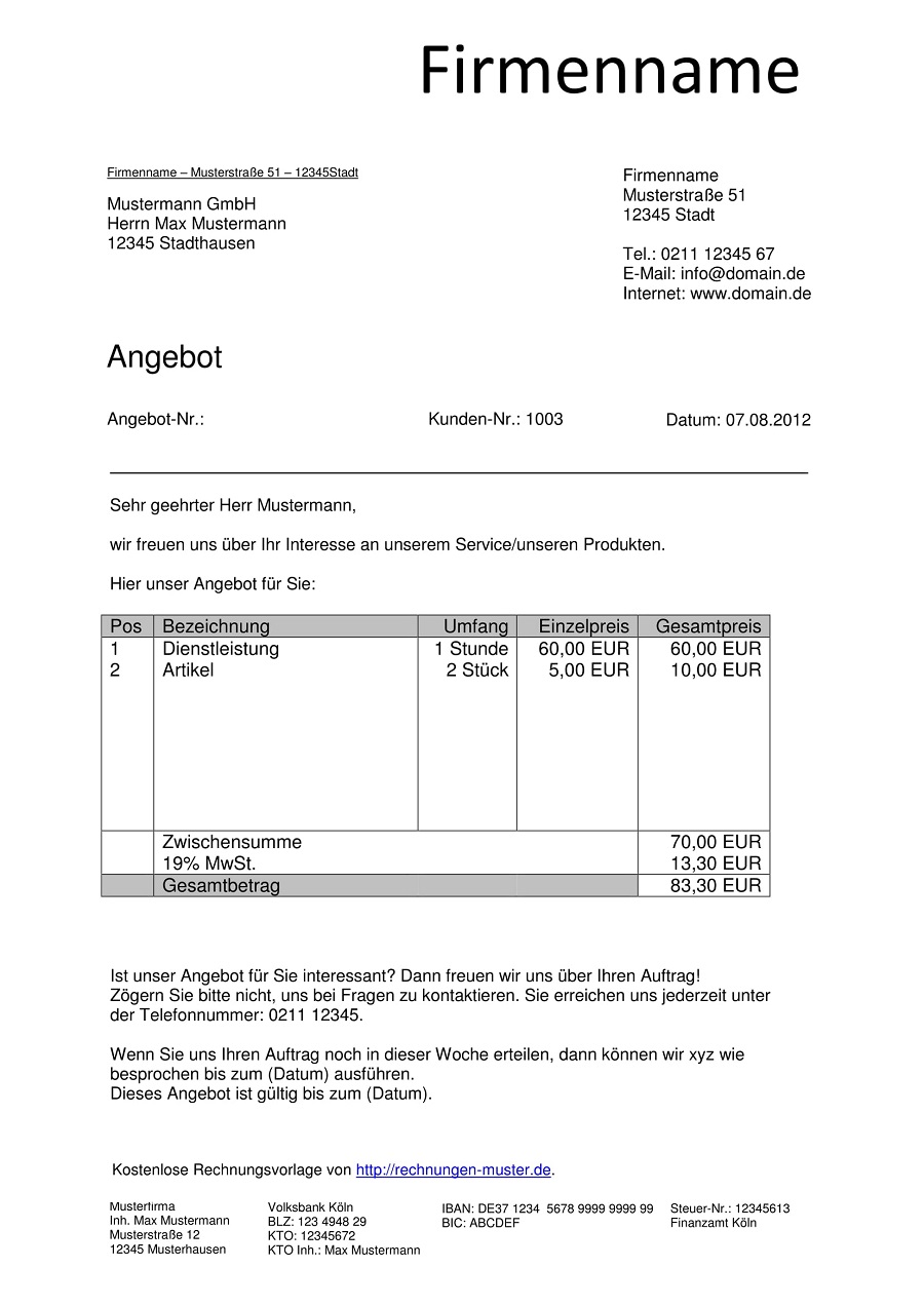 angebot vorlage kostenlos