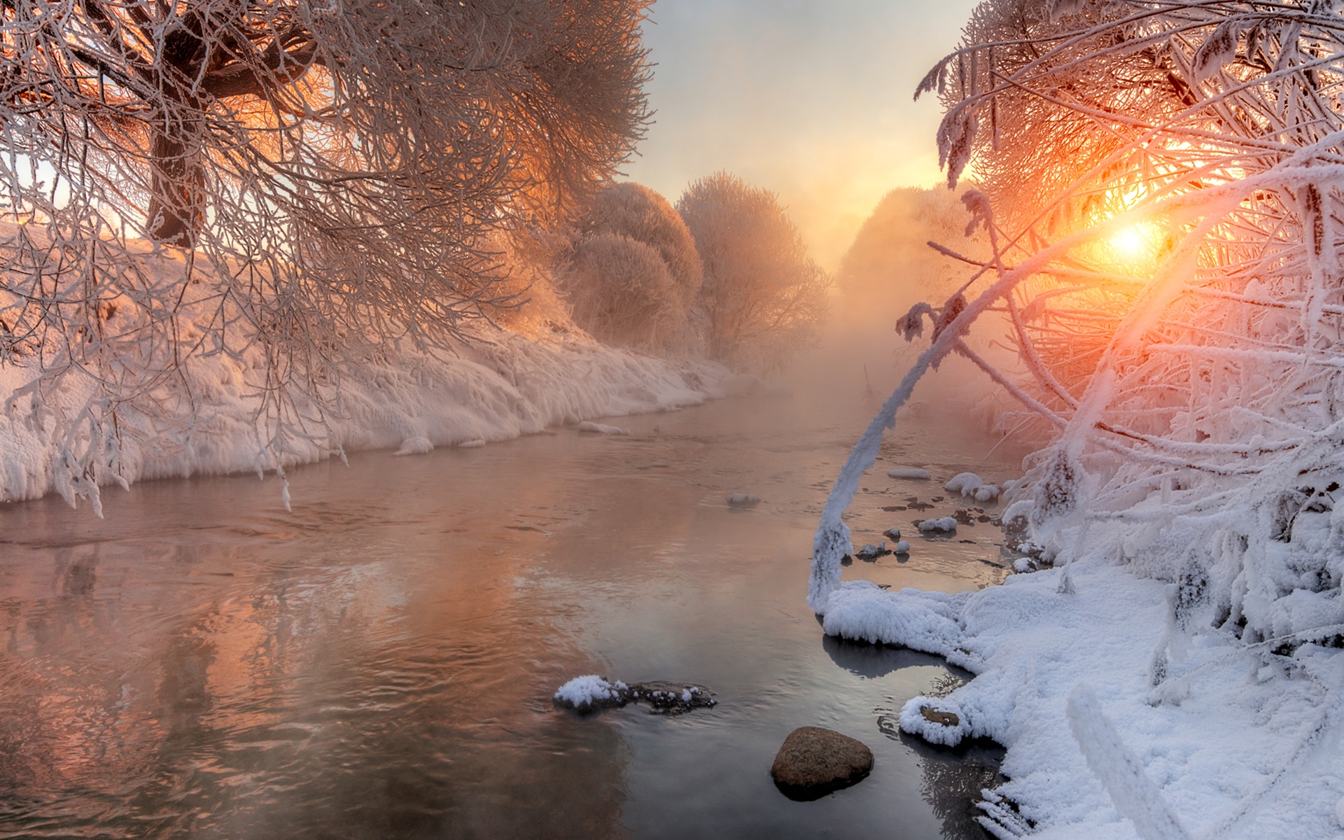 Winter, Schnee, Bäume, Zweige, Fluss, Morgendämmerung, Sonnenlicht