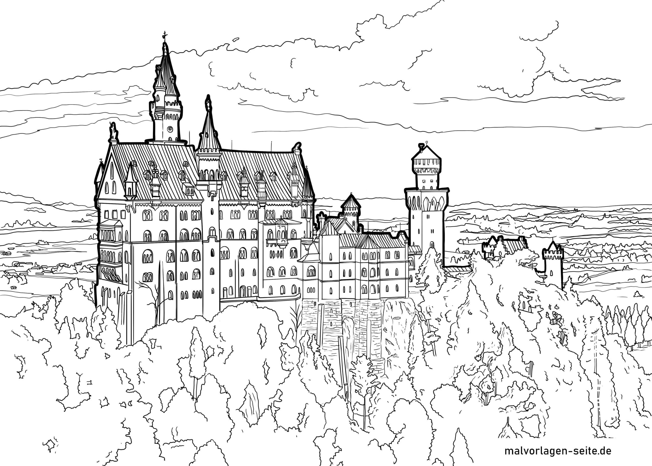 Tolles Ausmalbild Schloss Neuschwanstein kostenlos