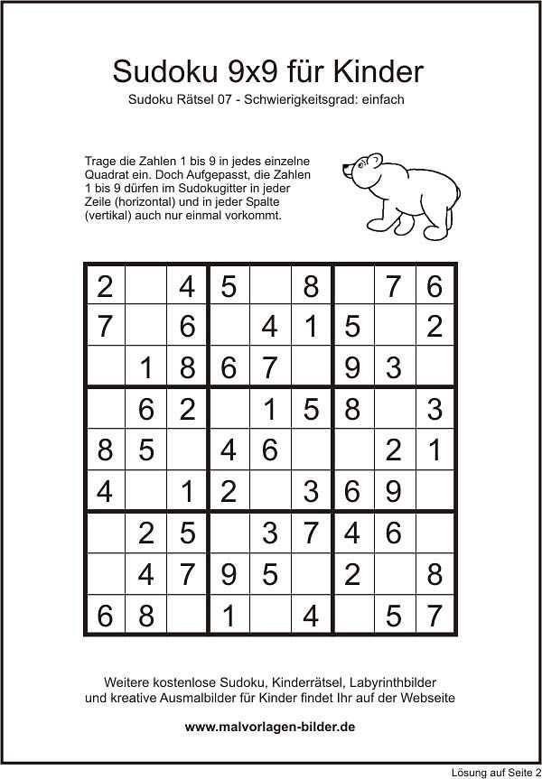 Kinder-Sudoku 9x9 einfache Version mit Lösung | Sudoku kinder