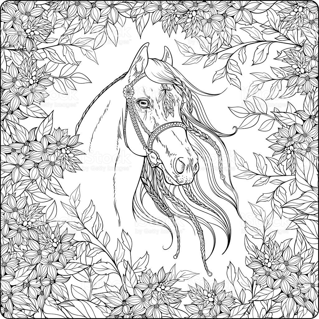 Coloring page with horse in the garden. | Pferde bilder zum ausmalen